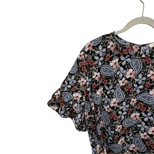 LOFT floral bell sleeve blouse blue and black XXL